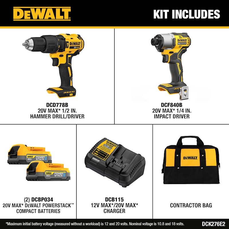 DEWALT 20V MAX Brushless Cordless Hammer Drill Driver and Impact Driver Combo Kit with DEWALT POWERSTACK Compact Batteries Reconditioned